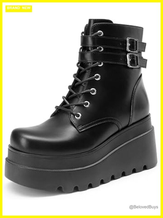 Shoes - Women's Platform Combat Ankle Boots Chunky High Heel Lace Up Motorcycle Booties